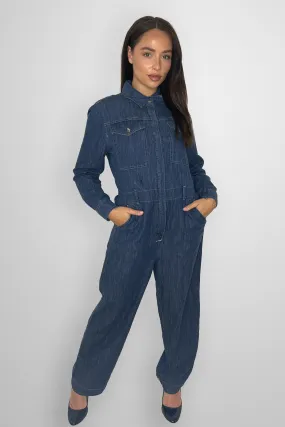 Long Sleeve Straight Leg Lightweight Denim Jumpsuit