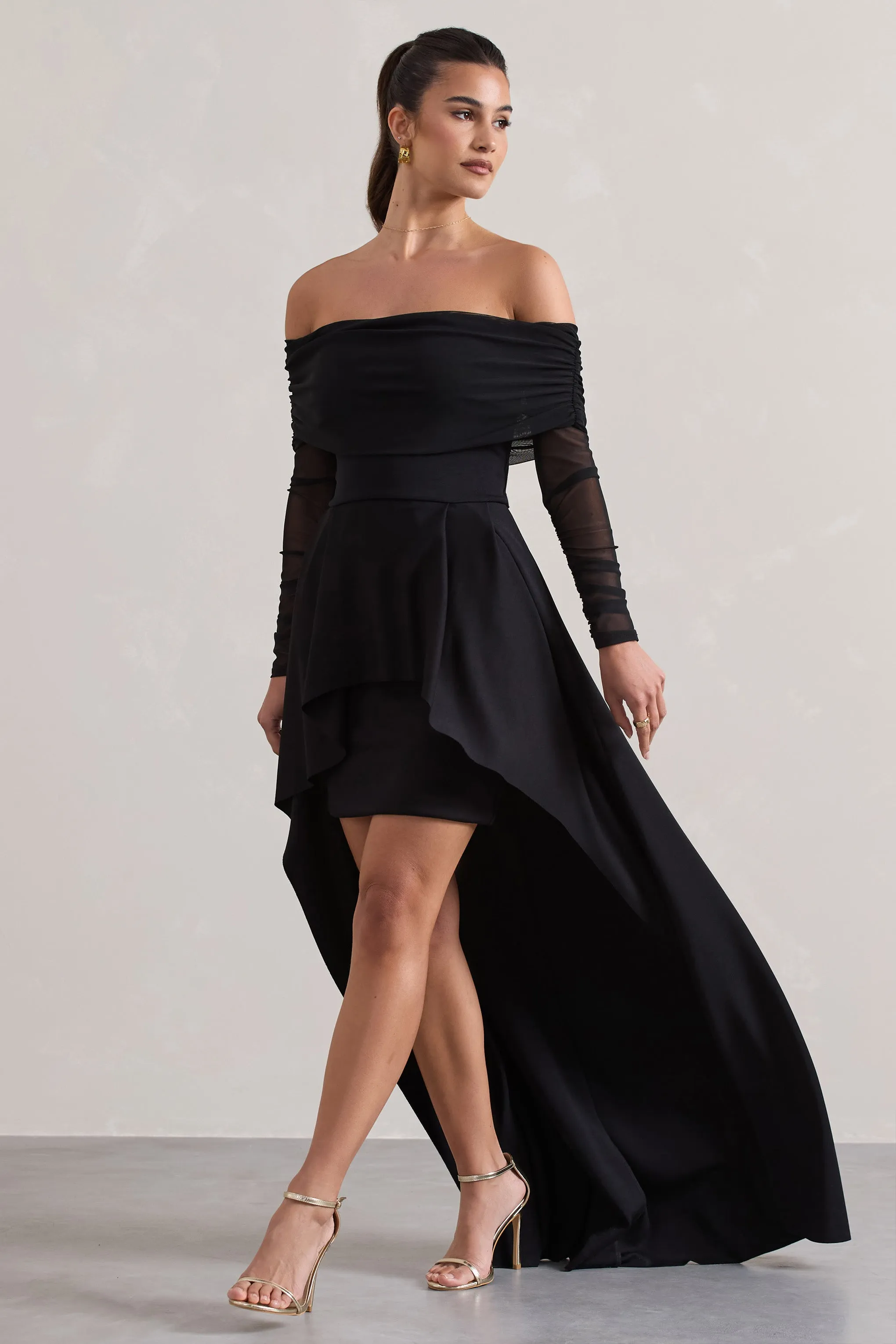 Lunara | Black Bardot High-Low Maxi Dress