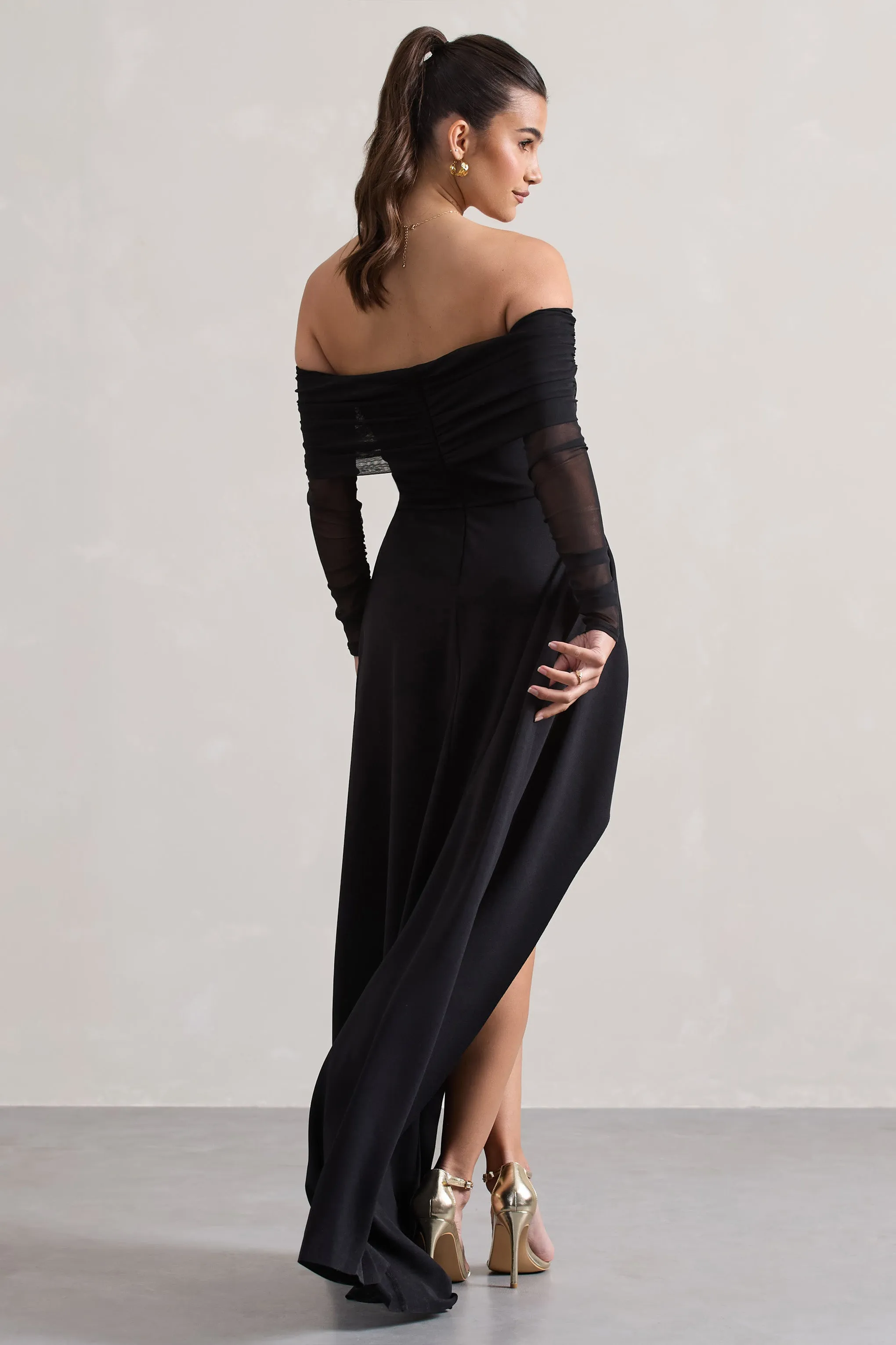 Lunara | Black Bardot High-Low Maxi Dress