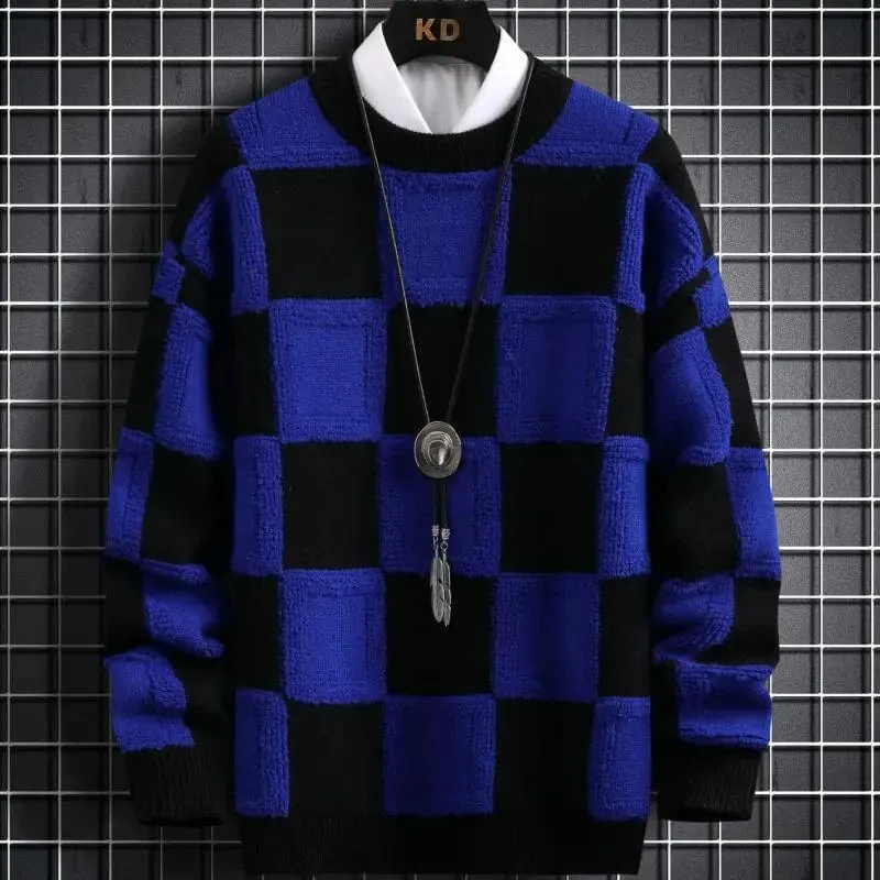 Luxurious Men's Cashmere Sweater with High-Quality Thick Warmth and Stylish Check Pattern