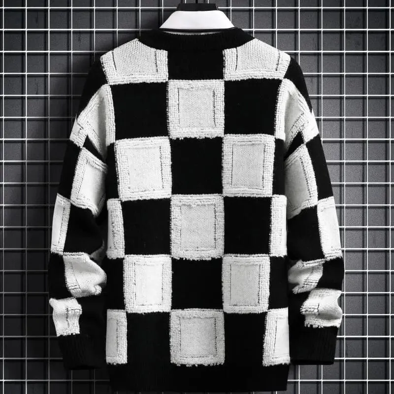 Luxurious Men's Cashmere Sweater with High-Quality Thick Warmth and Stylish Check Pattern