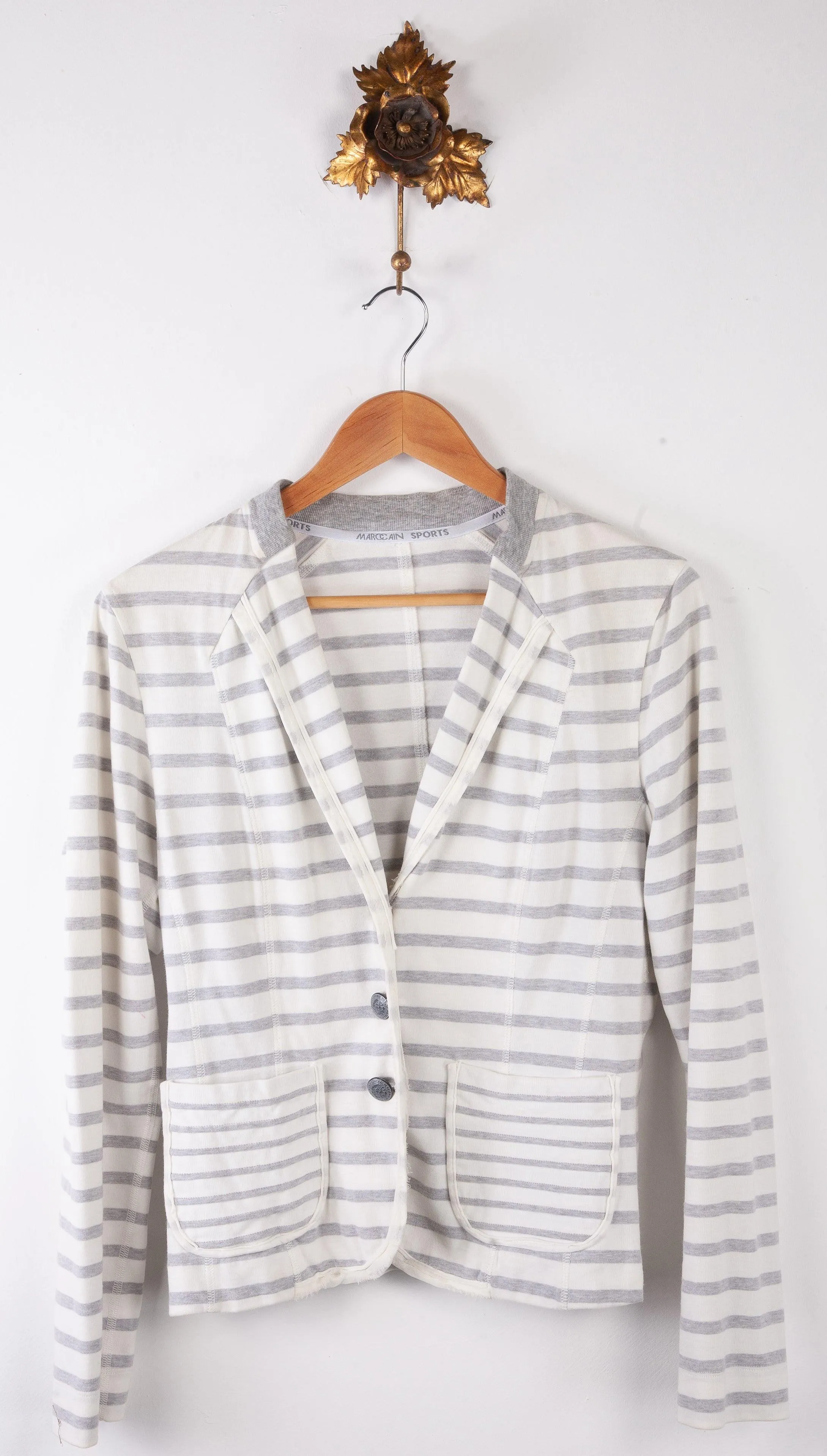 Marc Cain Sports Cotton Blazer Cardigan with Pockets White and Grey Stripes UK10