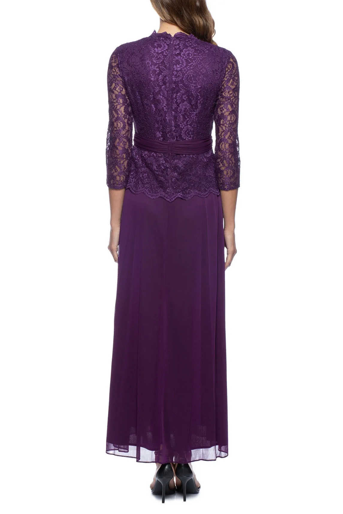 Marina 3/4 Sleeve Surplice V-Neck Lace Bodice Chiffon Long Gown