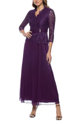 Marina 3/4 Sleeve Surplice V-Neck Lace Bodice Chiffon Long Gown