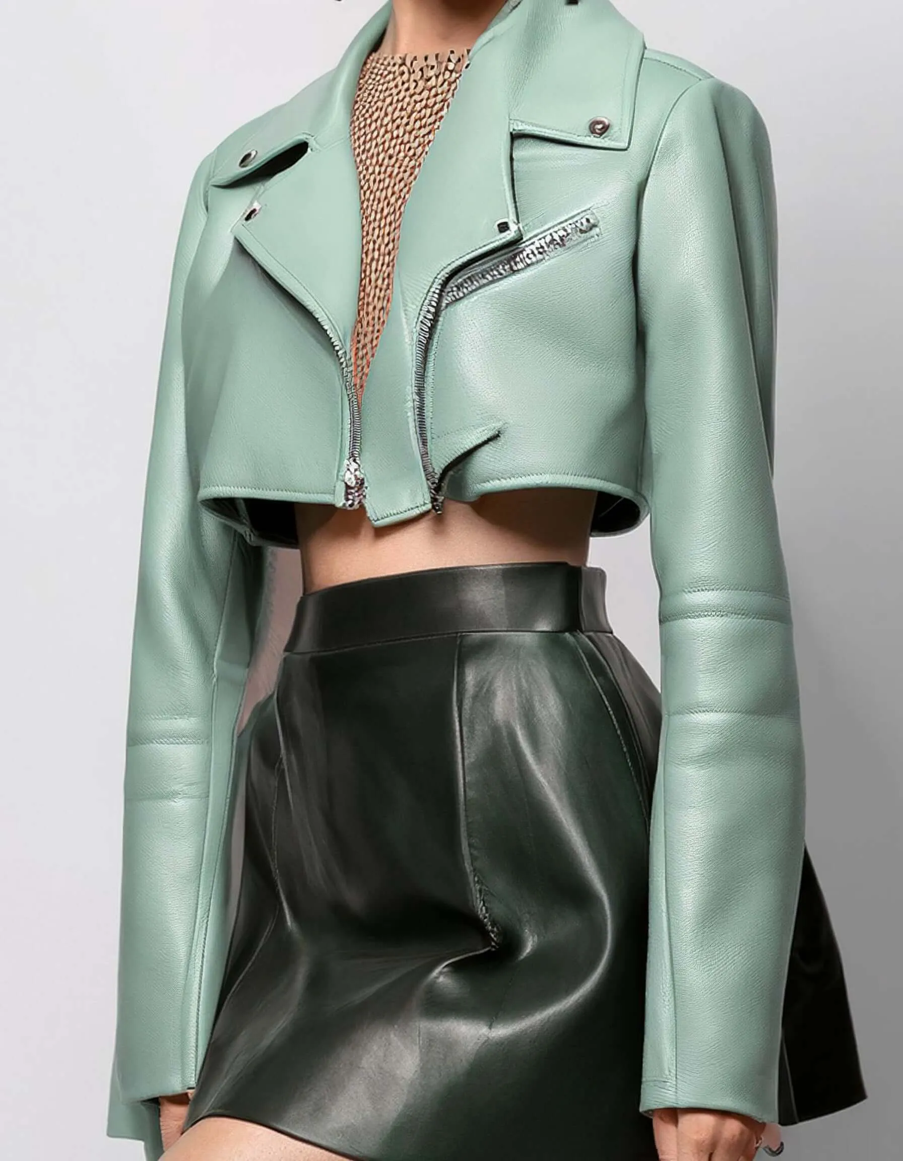 Mint Green Crop Leather Jacket