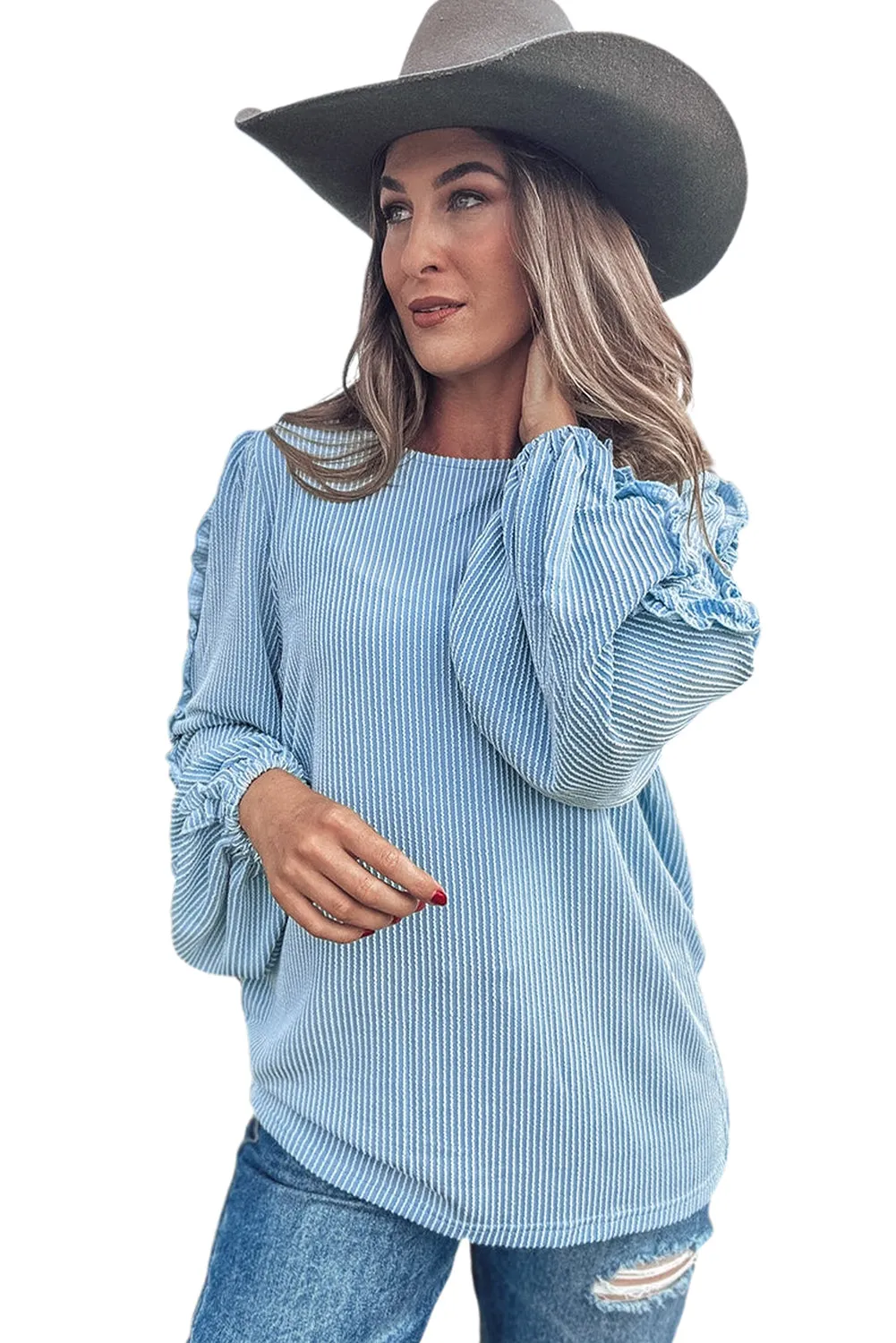 Mist Blue Corded Frill Detail Puff Sleeve Top