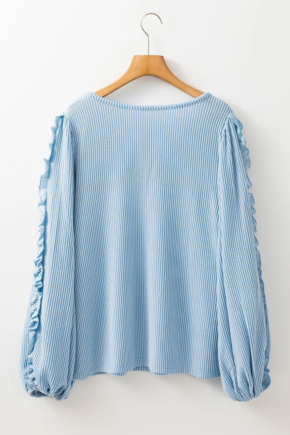 Mist Blue Corded Frill Detail Puff Sleeve Top