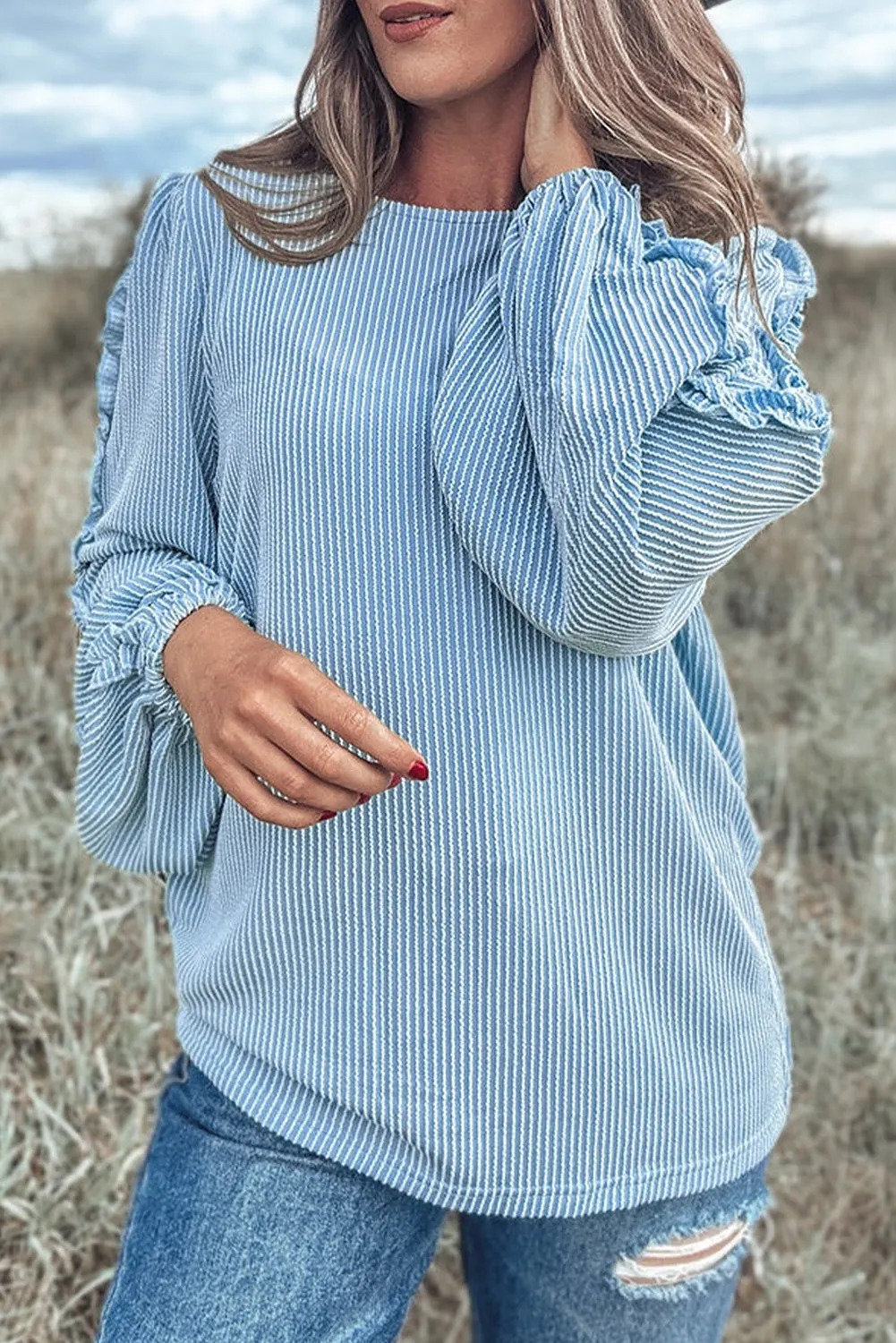 Mist Blue Corded Frill Detail Puff Sleeve Top