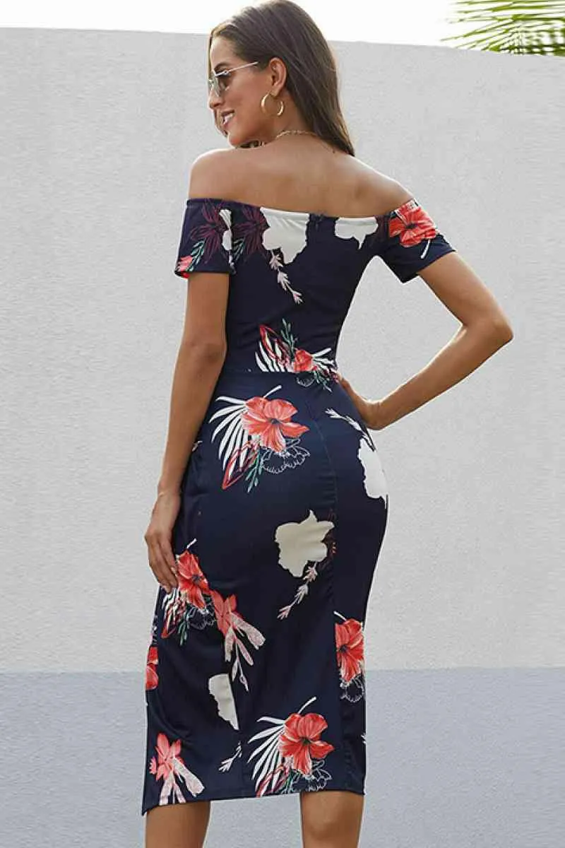 Navy Red Floral Print Short Sleeve Off Shoulder Midi Dress