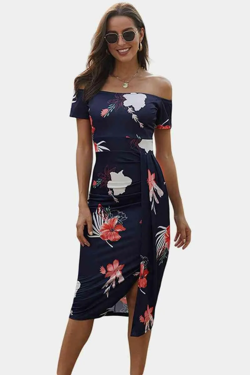 Navy Red Floral Print Short Sleeve Off Shoulder Midi Dress