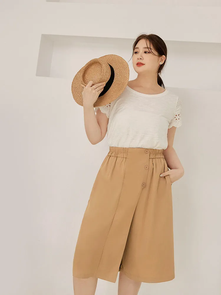 Ob Design Women Wide Leg Culottes Button Elastic Waist Pants Trousers Plus Size