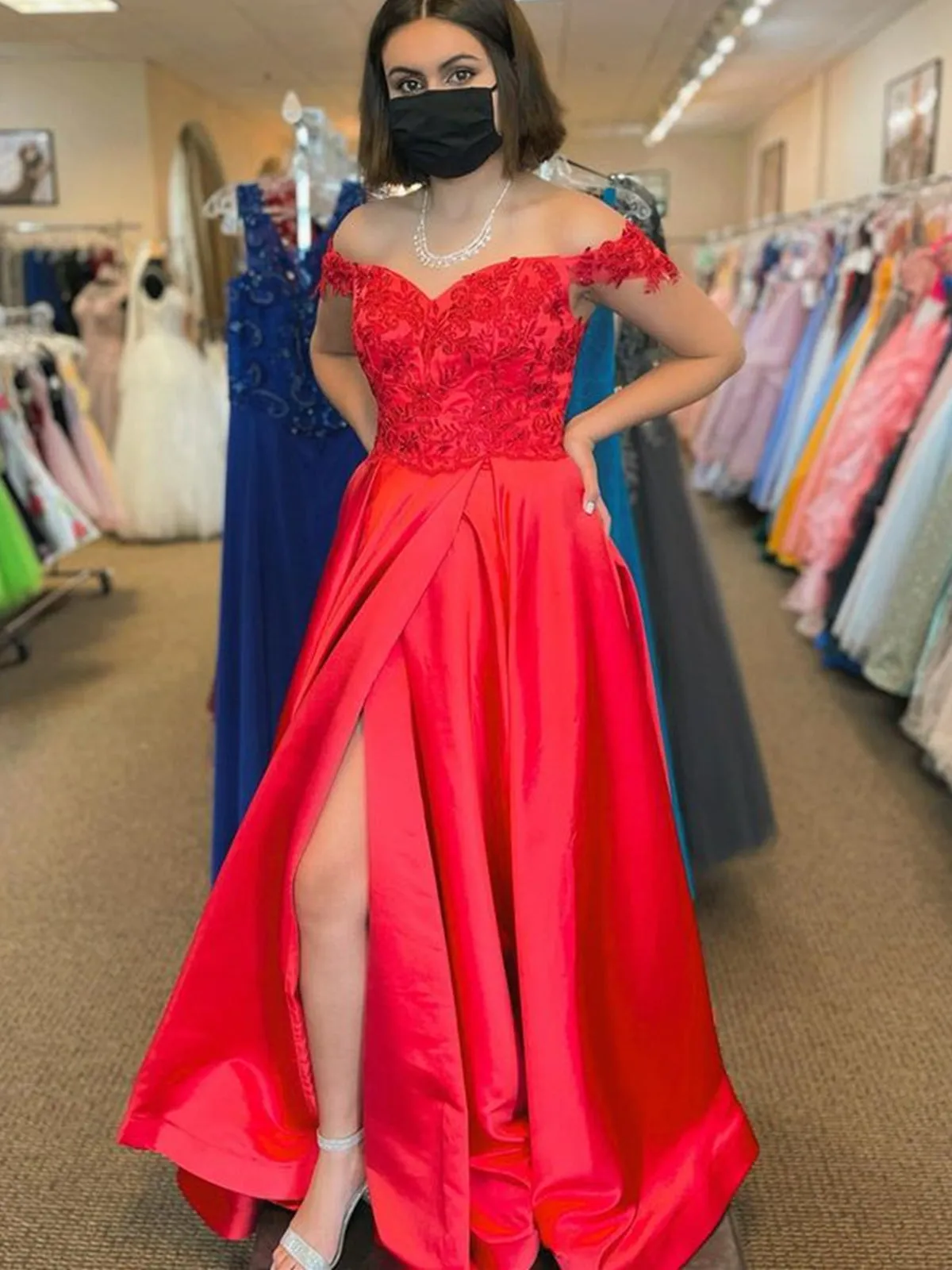 Off Shoulder Red Lace Long Prom Dresses with High Slit, Red Lace Formal Dresses, Red Evening Dresses