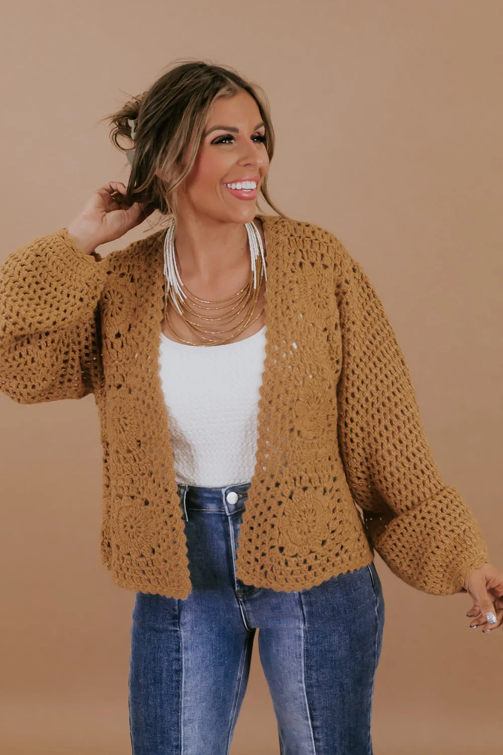 Open Front Crochet Cardigan, Caramel