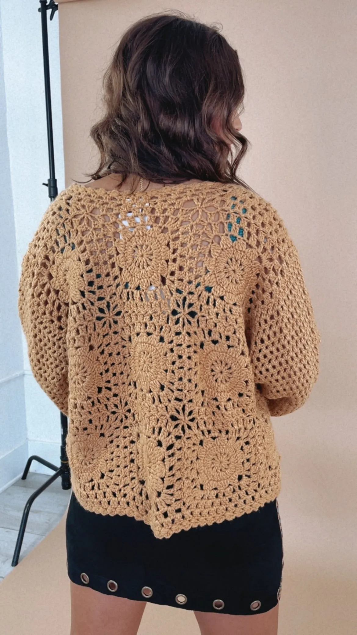 Open Front Crochet Cardigan, Caramel