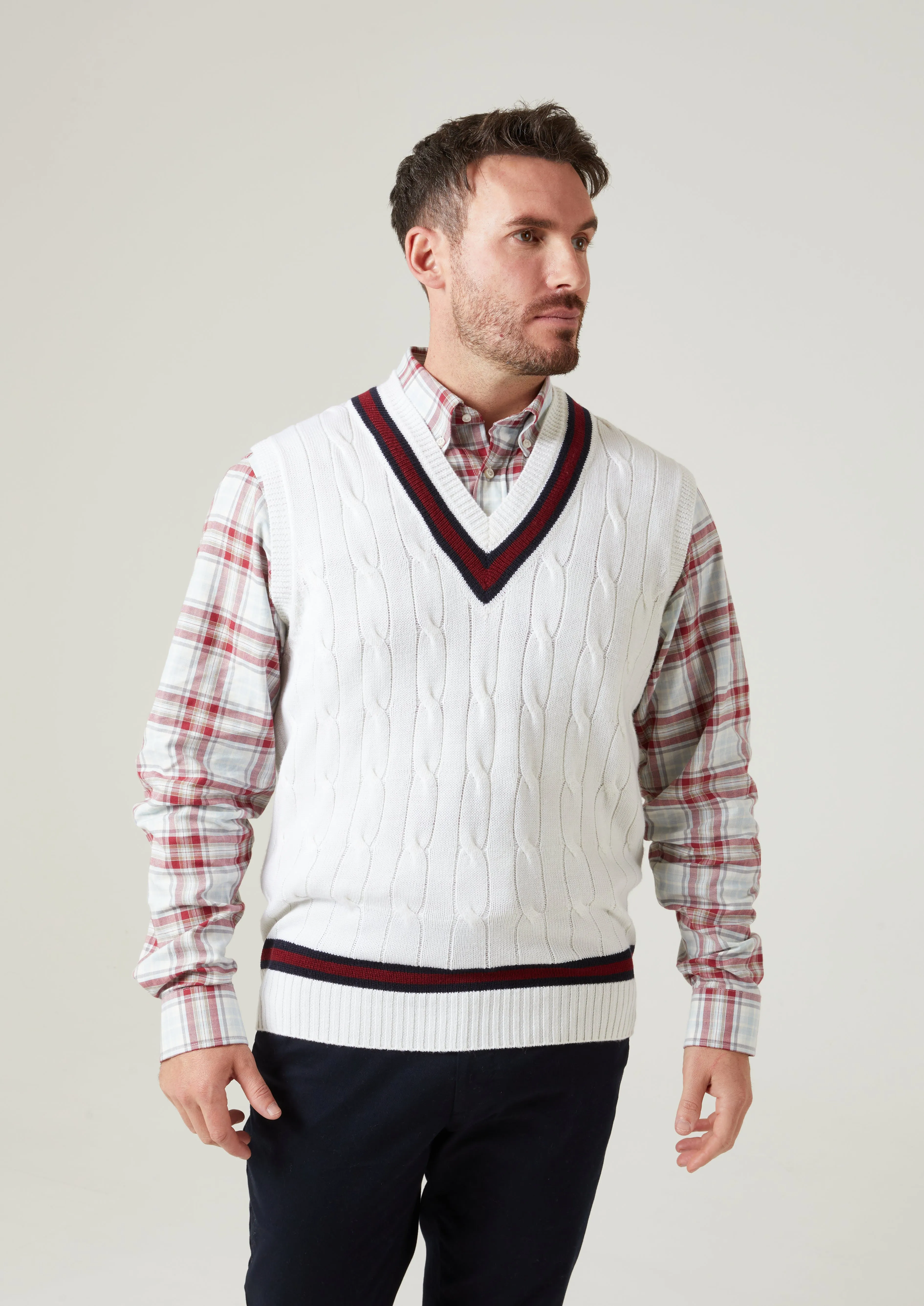 Padworth Men's Ecru and Bordeaux Cable-Knit Cricket Slipover