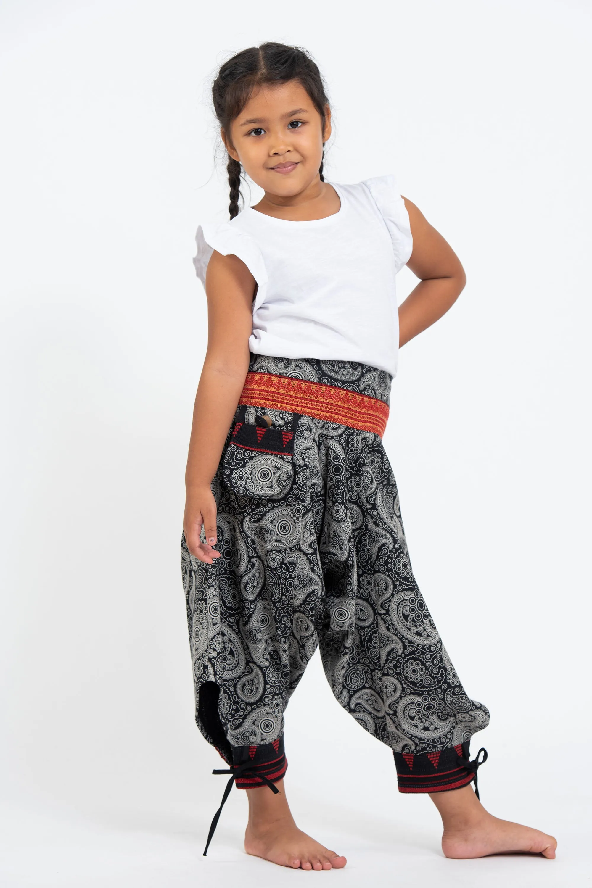 Paisley Thai Hill Tribe Fabric Kids Harem Pants with Ankle Straps in Black