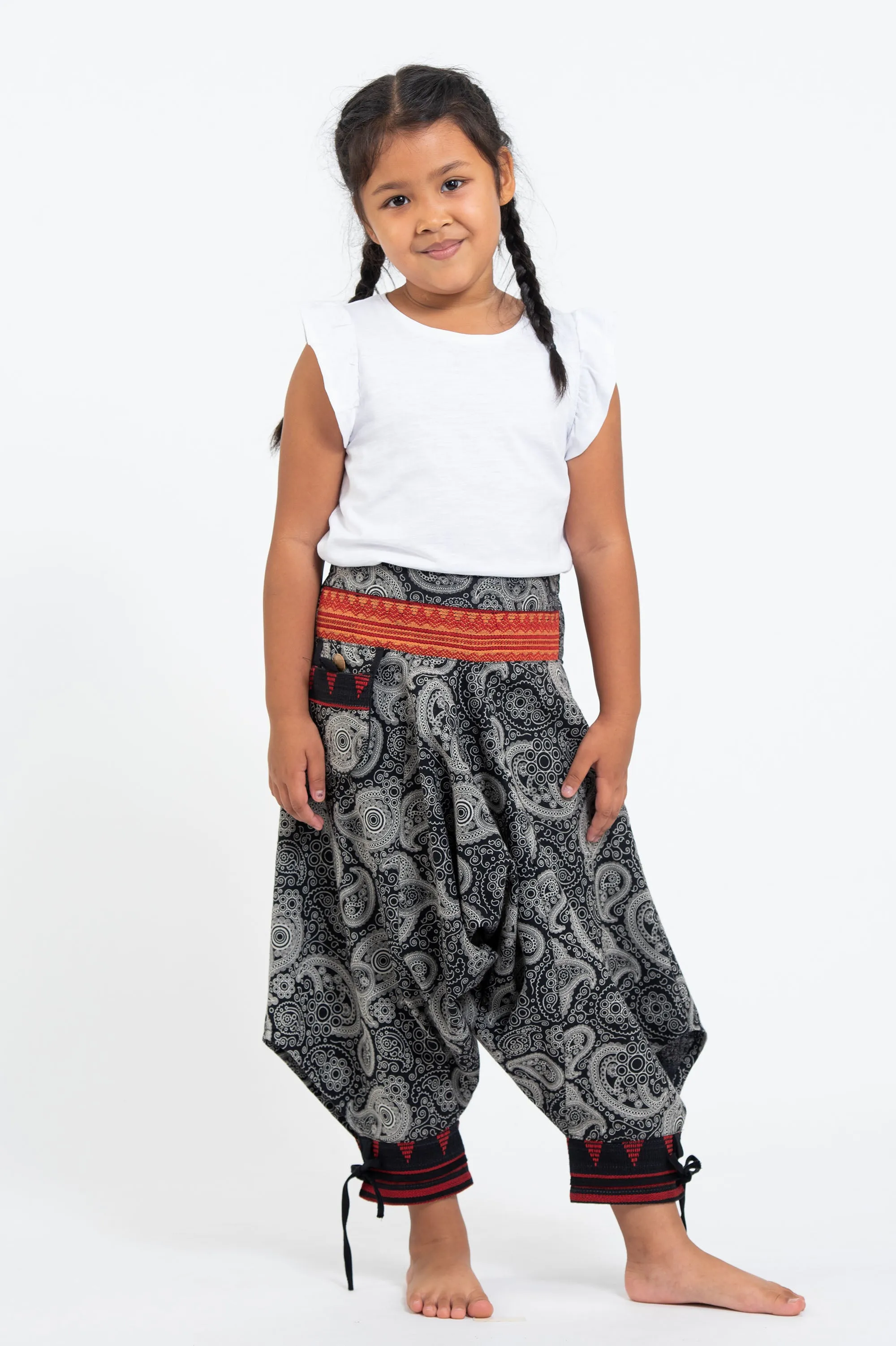 Paisley Thai Hill Tribe Fabric Kids Harem Pants with Ankle Straps in Black