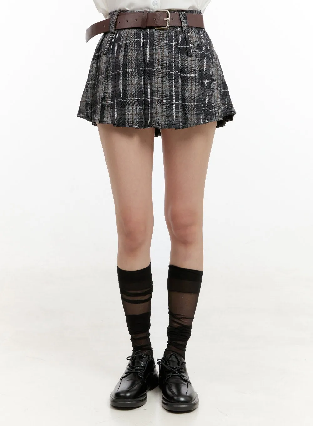 Plaid Double-Belted Pleated Mini Skirt OG429