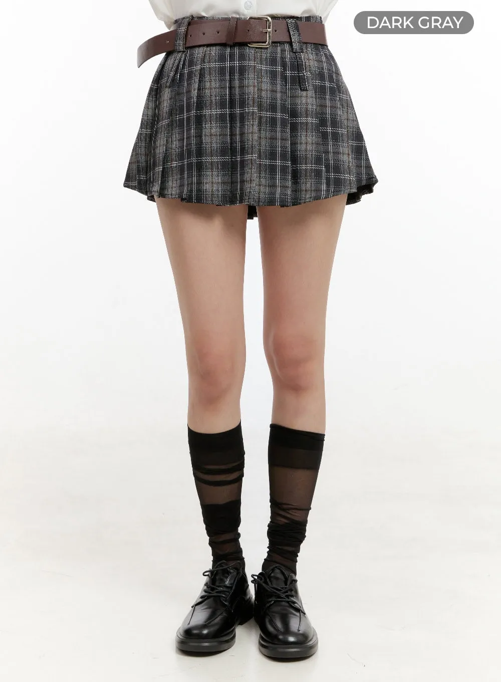 Plaid Double-Belted Pleated Mini Skirt OG429