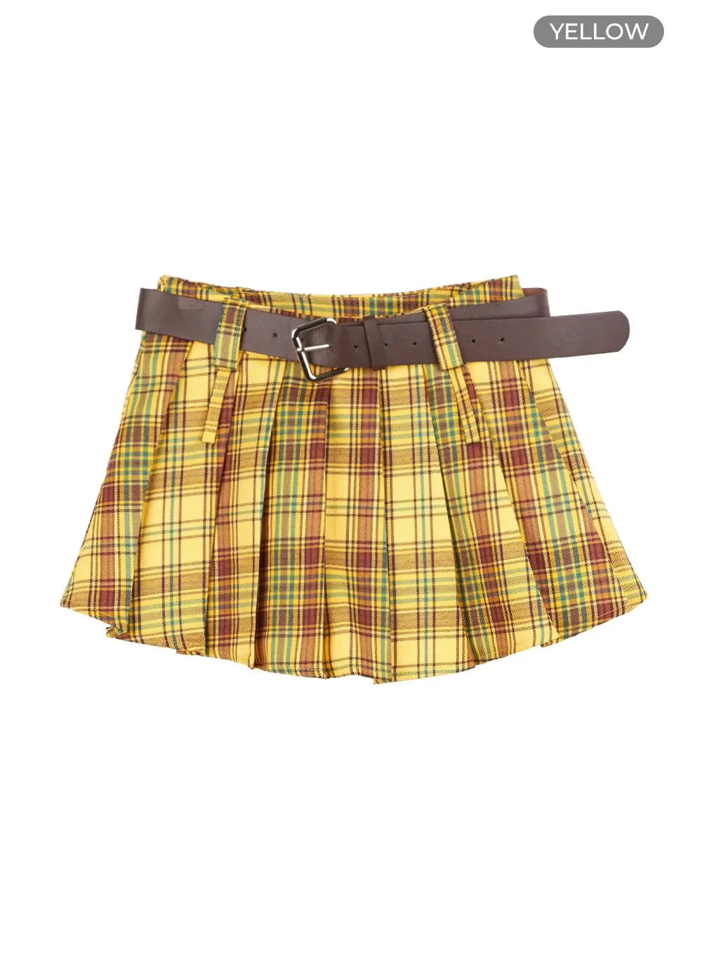 Plaid Double-Belted Pleated Mini Skirt OG429