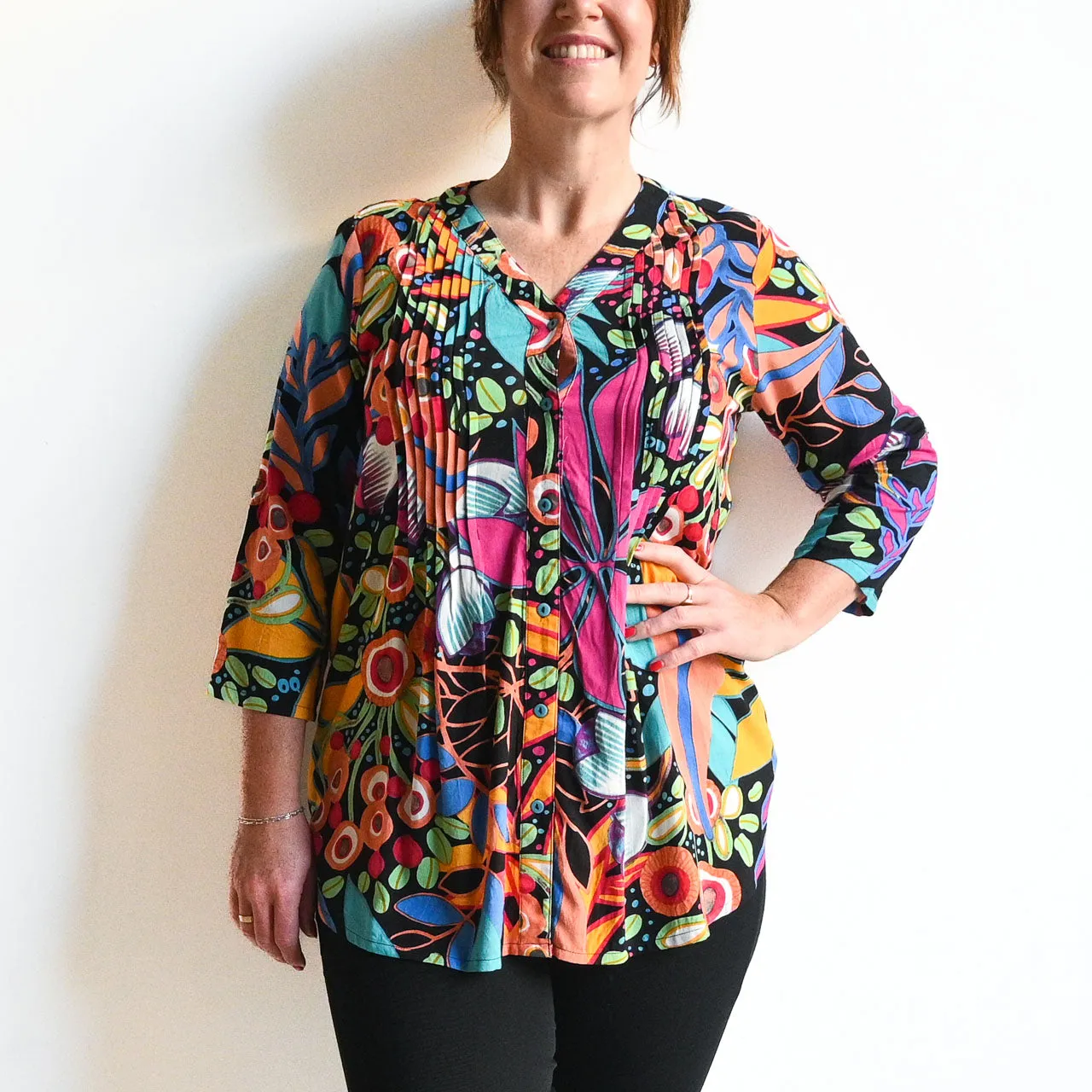 Pleat Button-Through Tunic Blouse by Orientique Australia - Copacabana - 62666