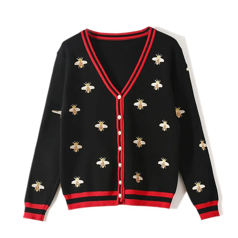 Pre Order:  Ice Silk Little Bee Embroidery Knitted Cardigan