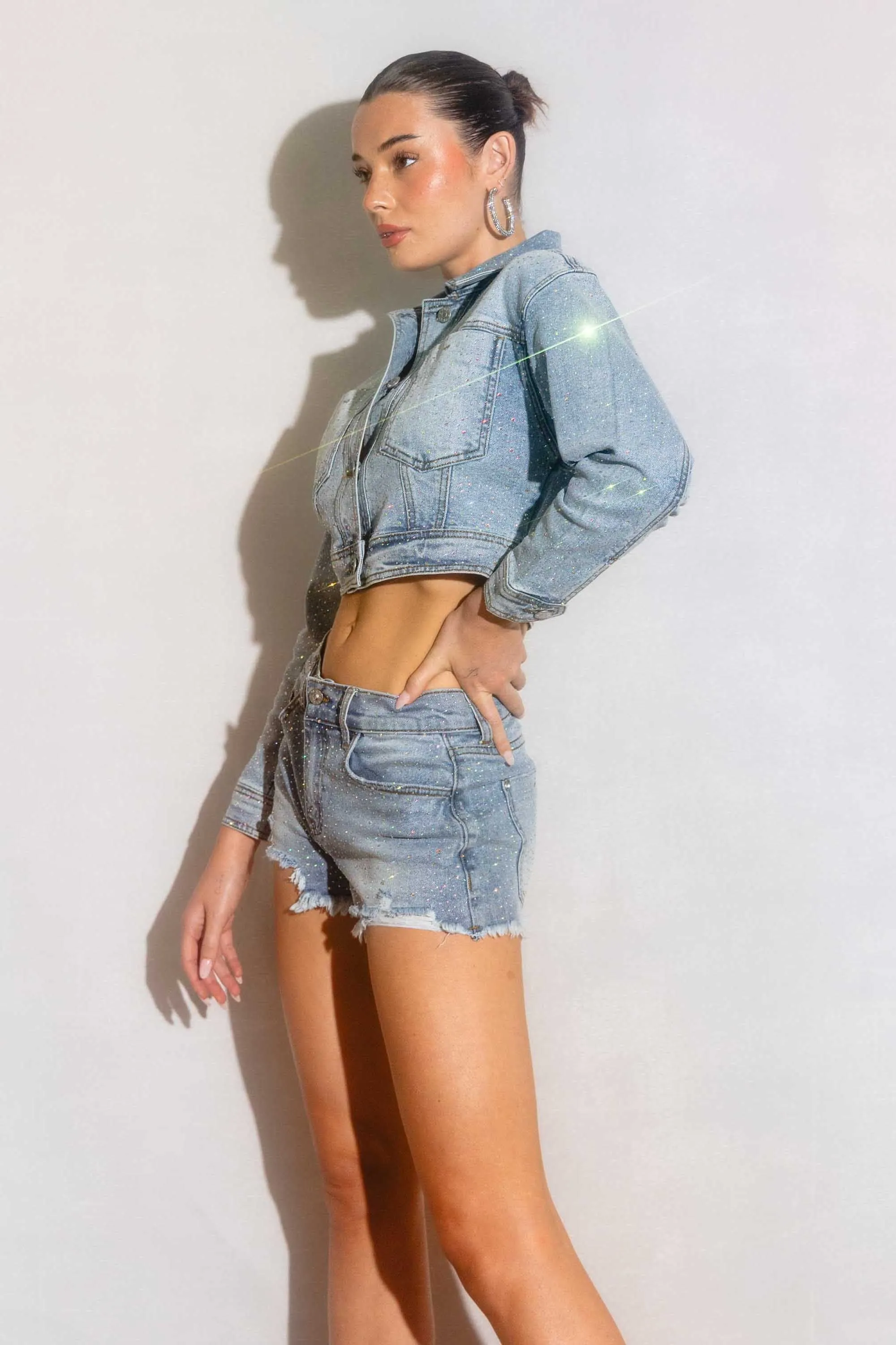 Rhinestone Studded Cropped Denim Jacket