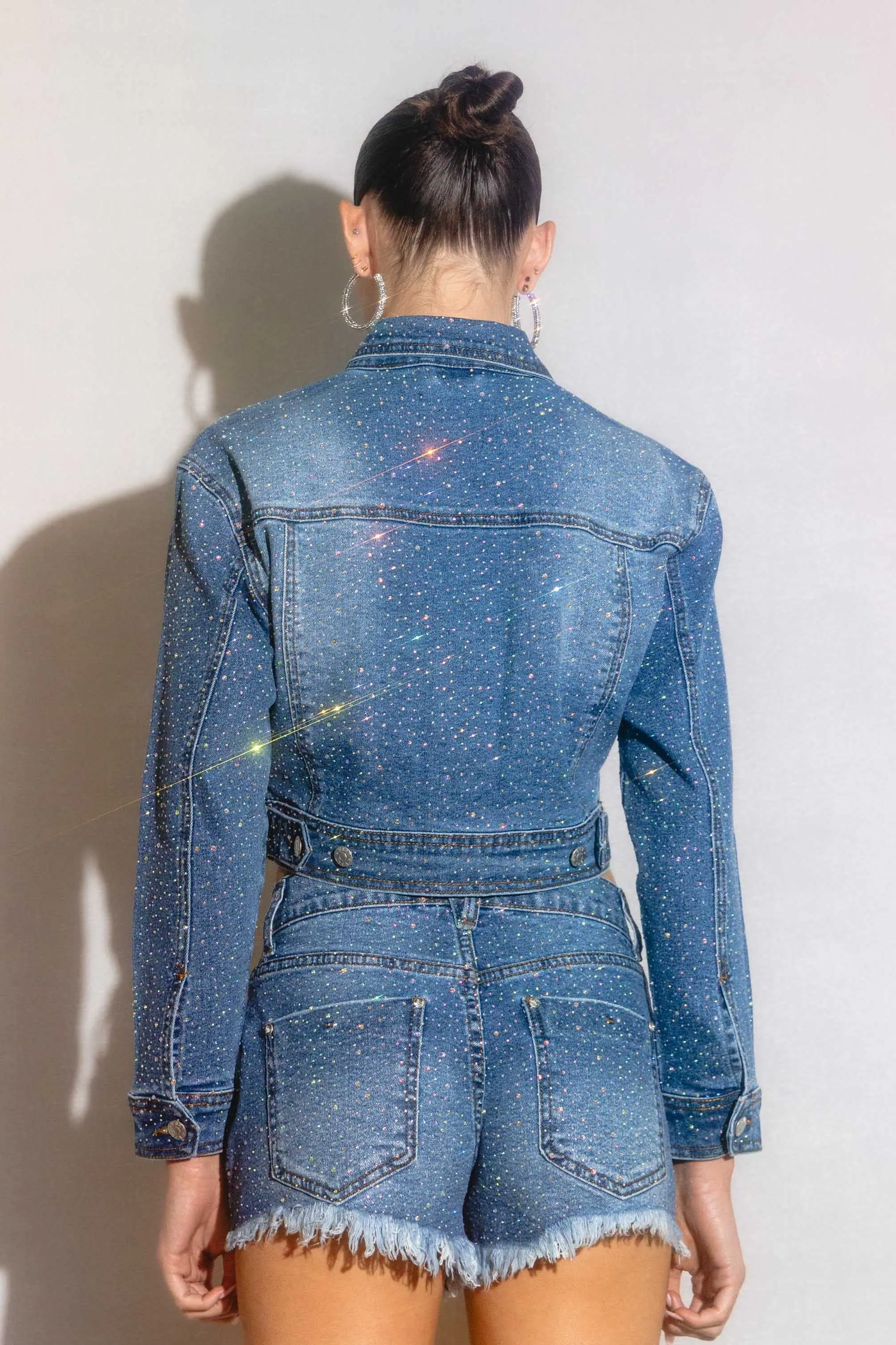 Rhinestone Studded Cropped Denim Jacket