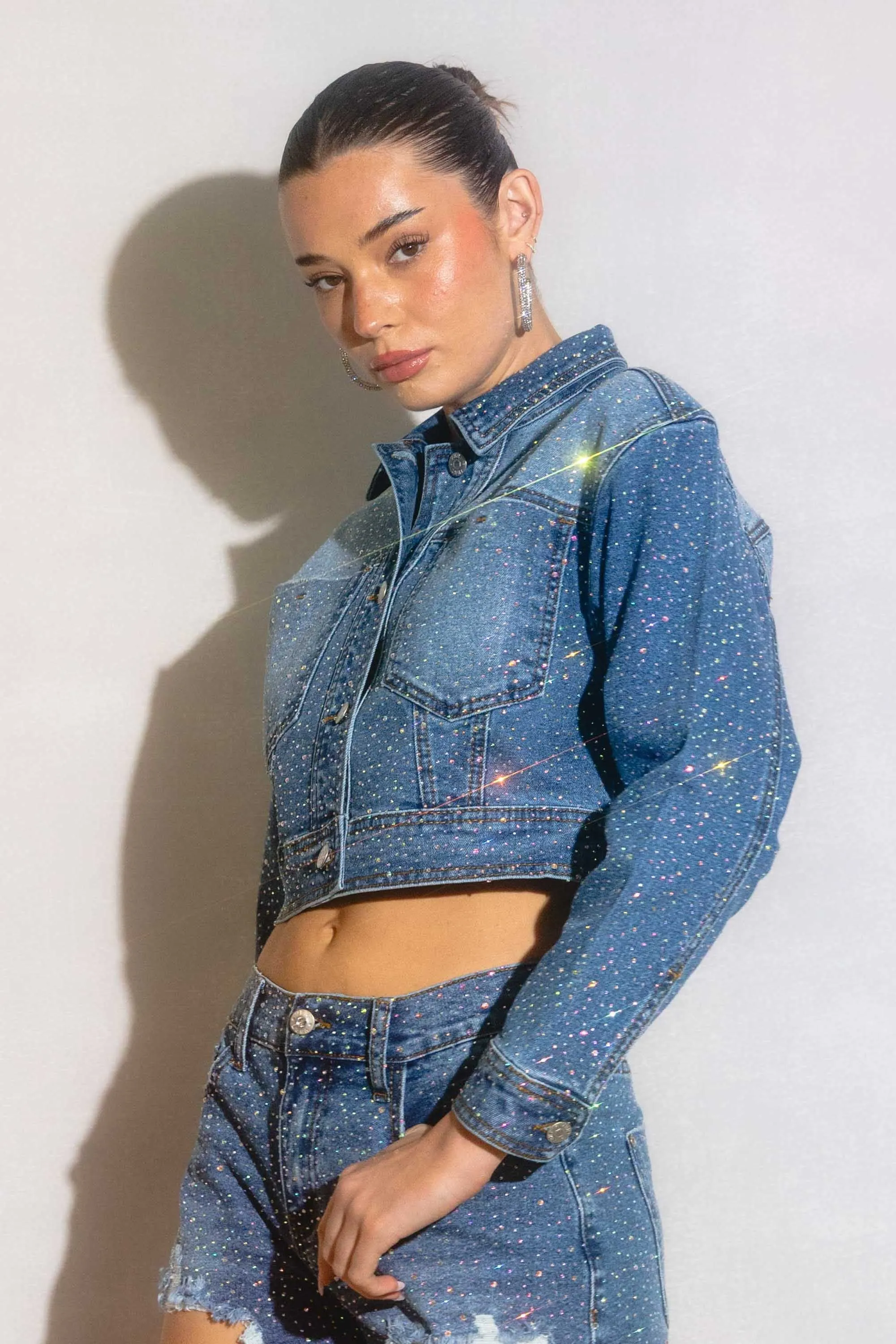 Rhinestone Studded Cropped Denim Jacket