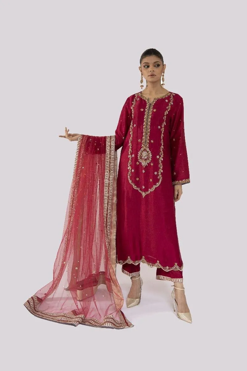 Sadia Aamir - A'eera - Magenta Embroidered Sheesha Silk Shirt and Culottes with Net Dupatta - 3 Piece