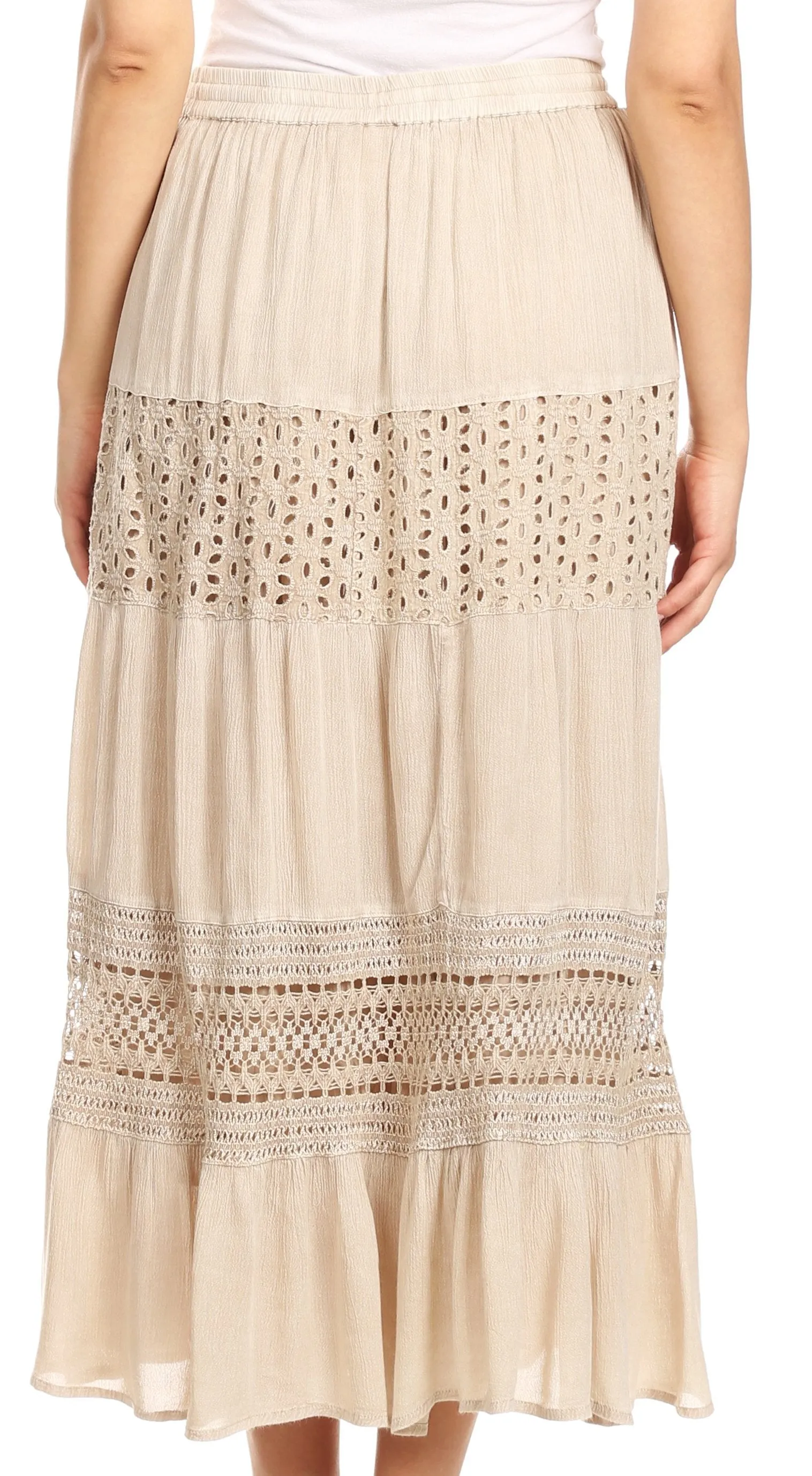 Sakkas Julita Womens Stonewashed Peasant Boho Prairie Midi Skirt with Lace