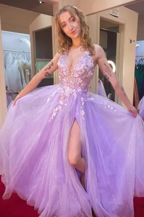 Shiny Tulle V Neck Purple Lace Long Prom Dress with High Slit, Long Purple Lace Formal Dress, Purple Evening Dress A1833