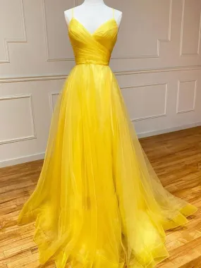 Simple V Neck Backless Yellow Tulle Long Prom, V Neck Yellow Long Formal Evening