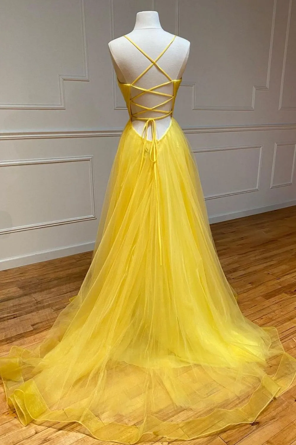 Simple V Neck Backless Yellow Tulle Long Prom, V Neck Yellow Long Formal Evening