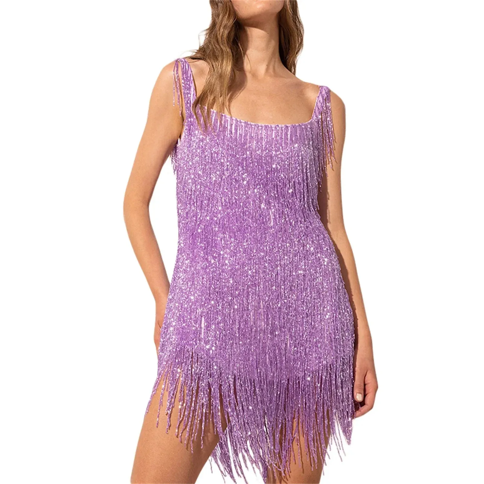 Sling Solid Color Sleeveless Halter Sequins Tassel Bling Bling Chic Evening Clubwear Summer Short Dress