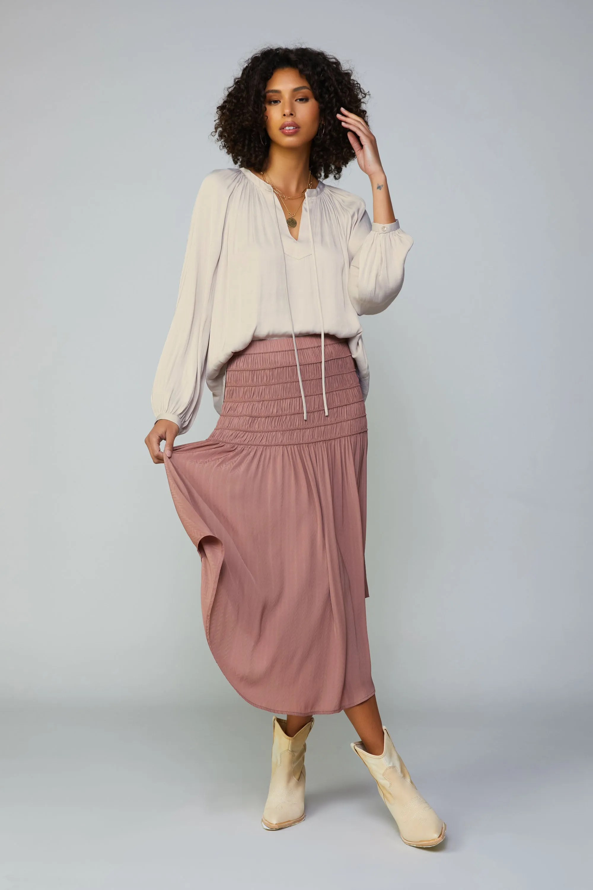 Smocked Waist Midi Skirt