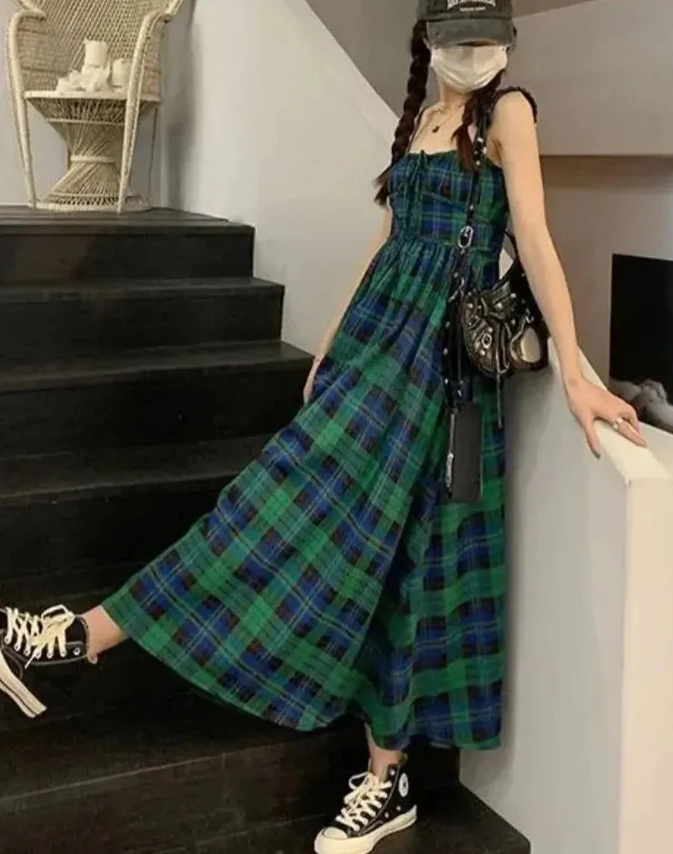 Summer Dresses Women Vintage Plaid Backless Fashion Holiday French Style Casual Loose Spaghetti Strap All-match Streetwear Chic