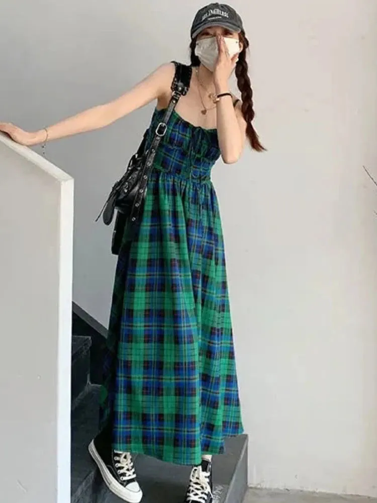 Summer Dresses Women Vintage Plaid Backless Fashion Holiday French Style Casual Loose Spaghetti Strap All-match Streetwear Chic