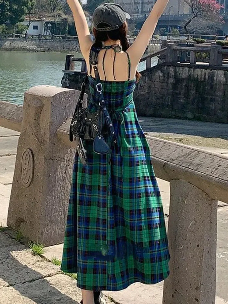 Summer Dresses Women Vintage Plaid Backless Fashion Holiday French Style Casual Loose Spaghetti Strap All-match Streetwear Chic