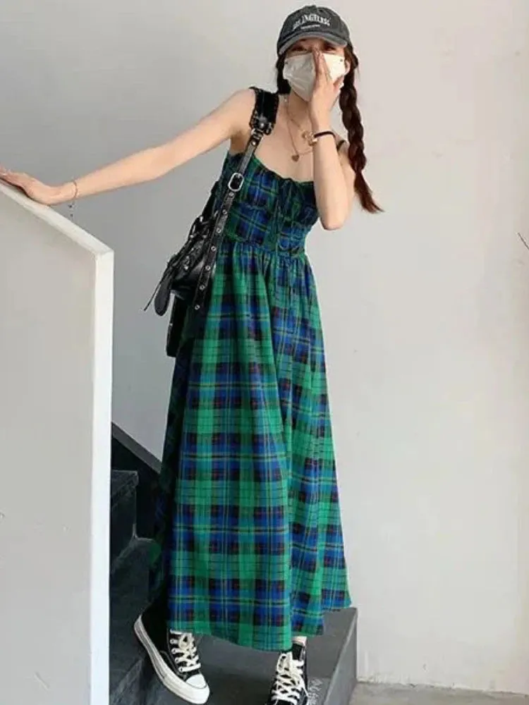 Summer Dresses Women Vintage Plaid Backless Fashion Holiday French Style Casual Loose Spaghetti Strap All-match Streetwear Chic