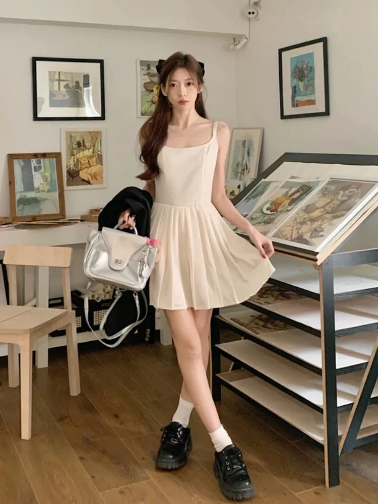 TAVIMART  -  Pleaded White Dress Women A-line Summer Fashion Camisole Dress Korean Style Kawaii High Wasit Chic Vestidos 2024 Solid