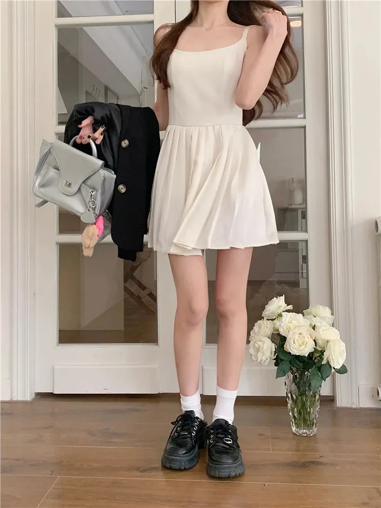 TAVIMART  -  Pleaded White Dress Women A-line Summer Fashion Camisole Dress Korean Style Kawaii High Wasit Chic Vestidos 2024 Solid