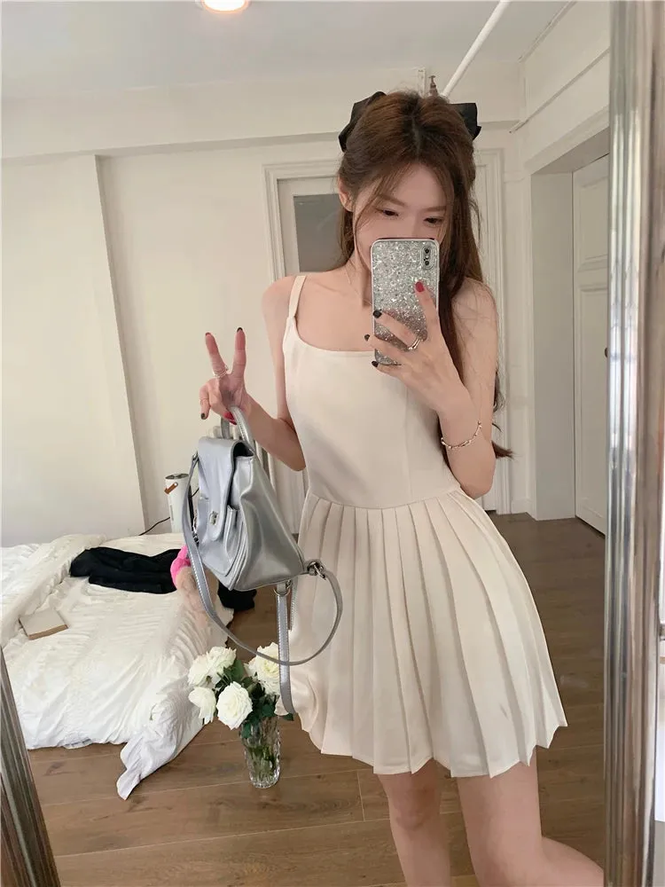 TAVIMART  -  Pleaded White Dress Women A-line Summer Fashion Camisole Dress Korean Style Kawaii High Wasit Chic Vestidos 2024 Solid