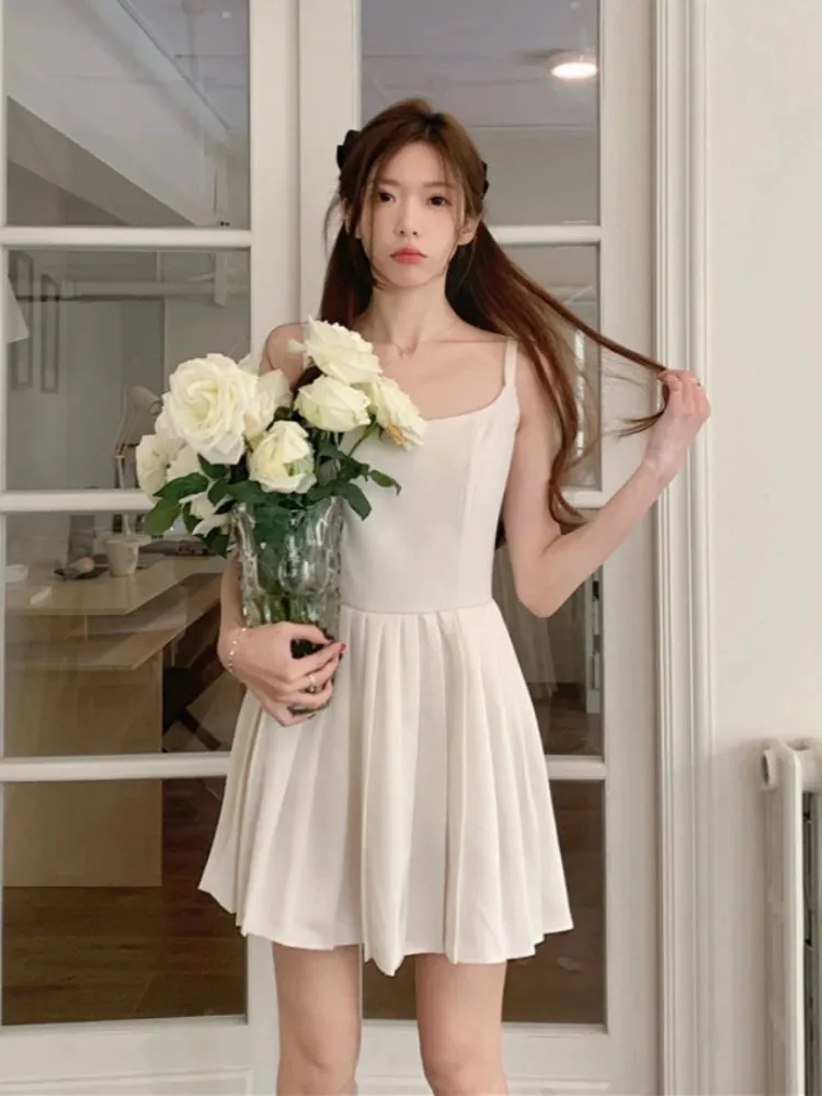 TAVIMART  -  Pleaded White Dress Women A-line Summer Fashion Camisole Dress Korean Style Kawaii High Wasit Chic Vestidos 2024 Solid