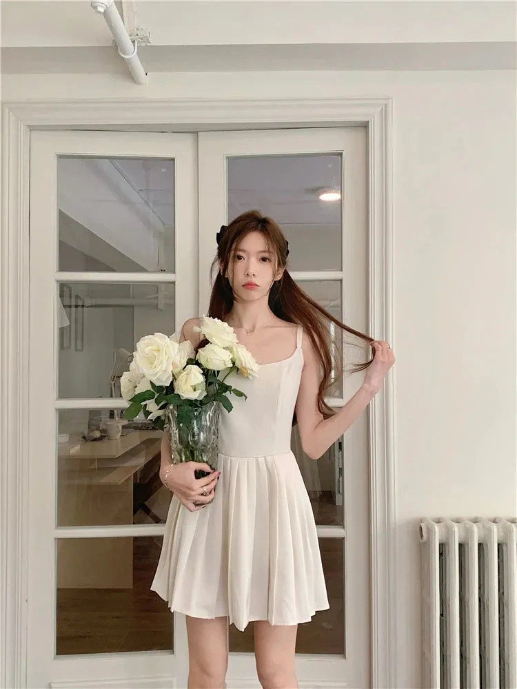 TAVIMART  -  Pleaded White Dress Women A-line Summer Fashion Camisole Dress Korean Style Kawaii High Wasit Chic Vestidos 2024 Solid