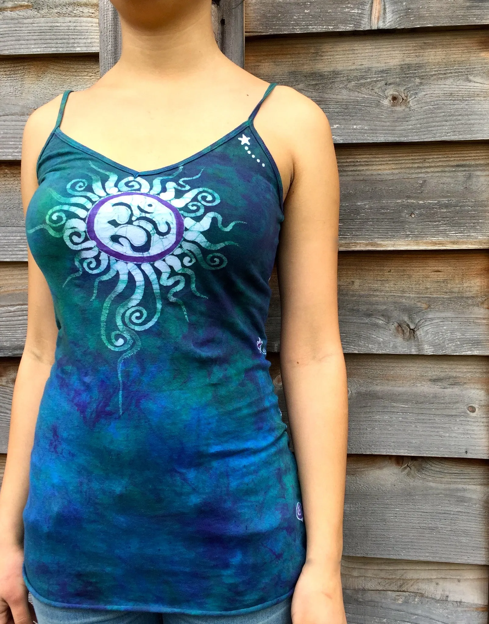 Teal and Purple Batik Om Long Cotton Camisole