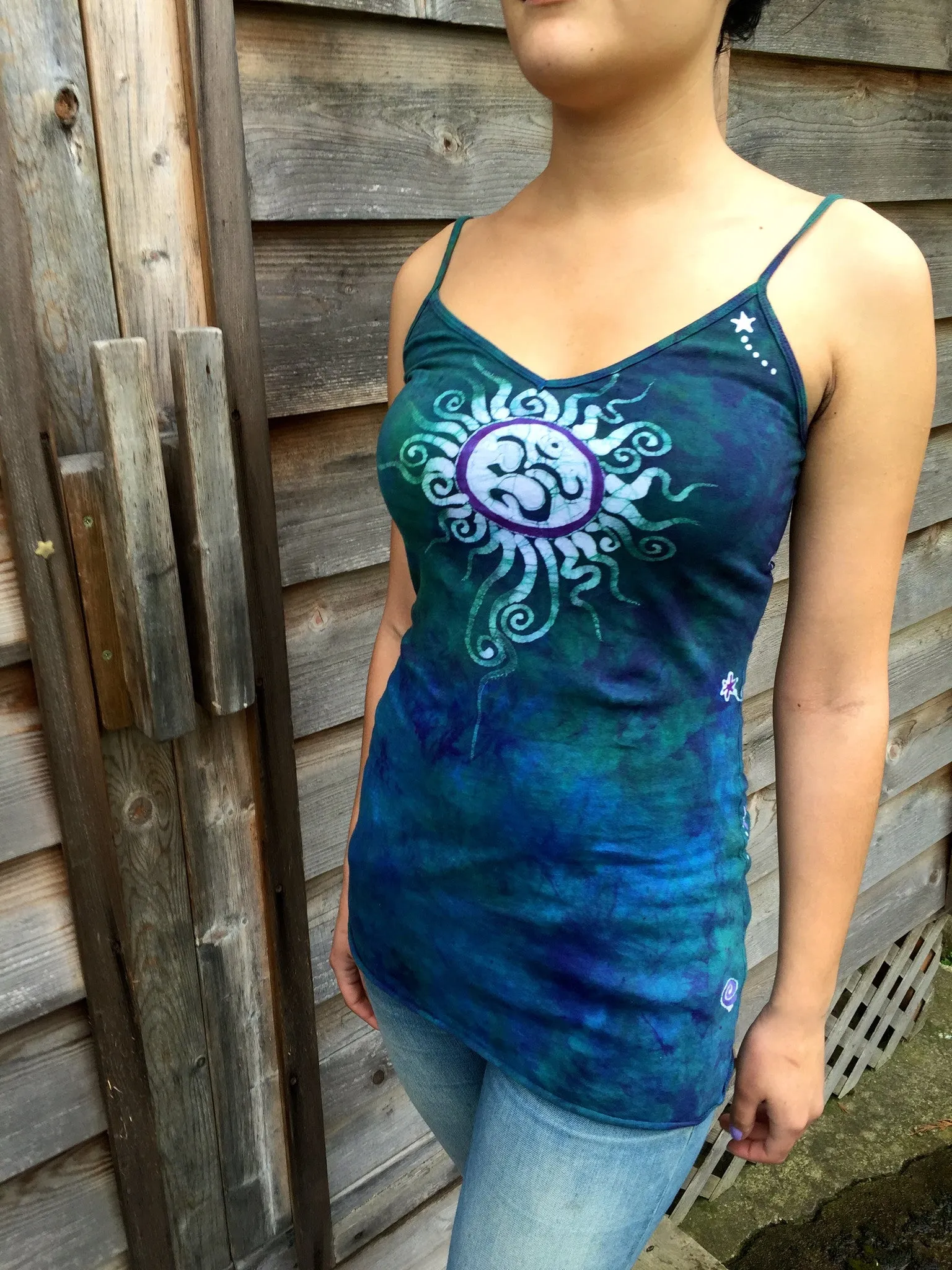 Teal and Purple Batik Om Long Cotton Camisole