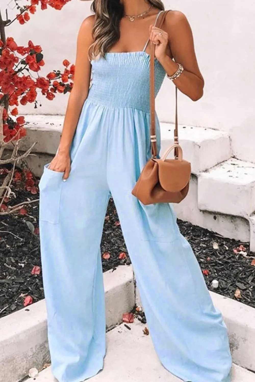 TEEK - Smocked Spaghetti Strap Wide Leg Jumpsuit