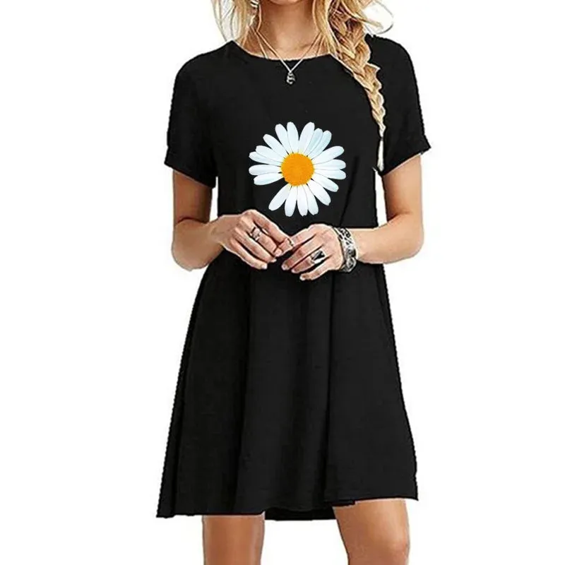 Trending Womens Round Neck Above Knee Length Dress Casual Sexy Printed Mini Dresses Summer Short Sleeve Cool Long T-shirt