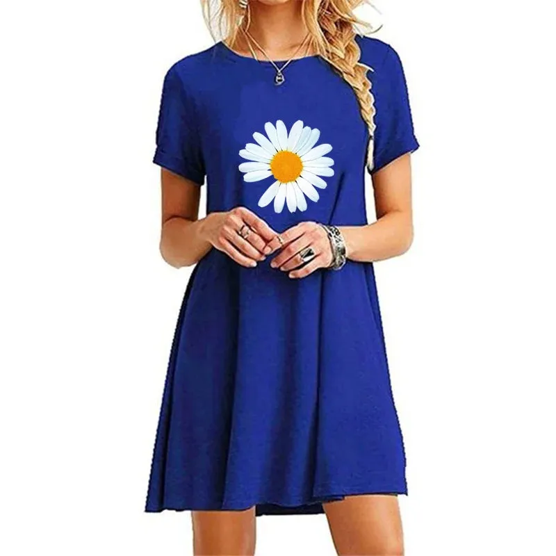 Trending Womens Round Neck Above Knee Length Dress Casual Sexy Printed Mini Dresses Summer Short Sleeve Cool Long T-shirt